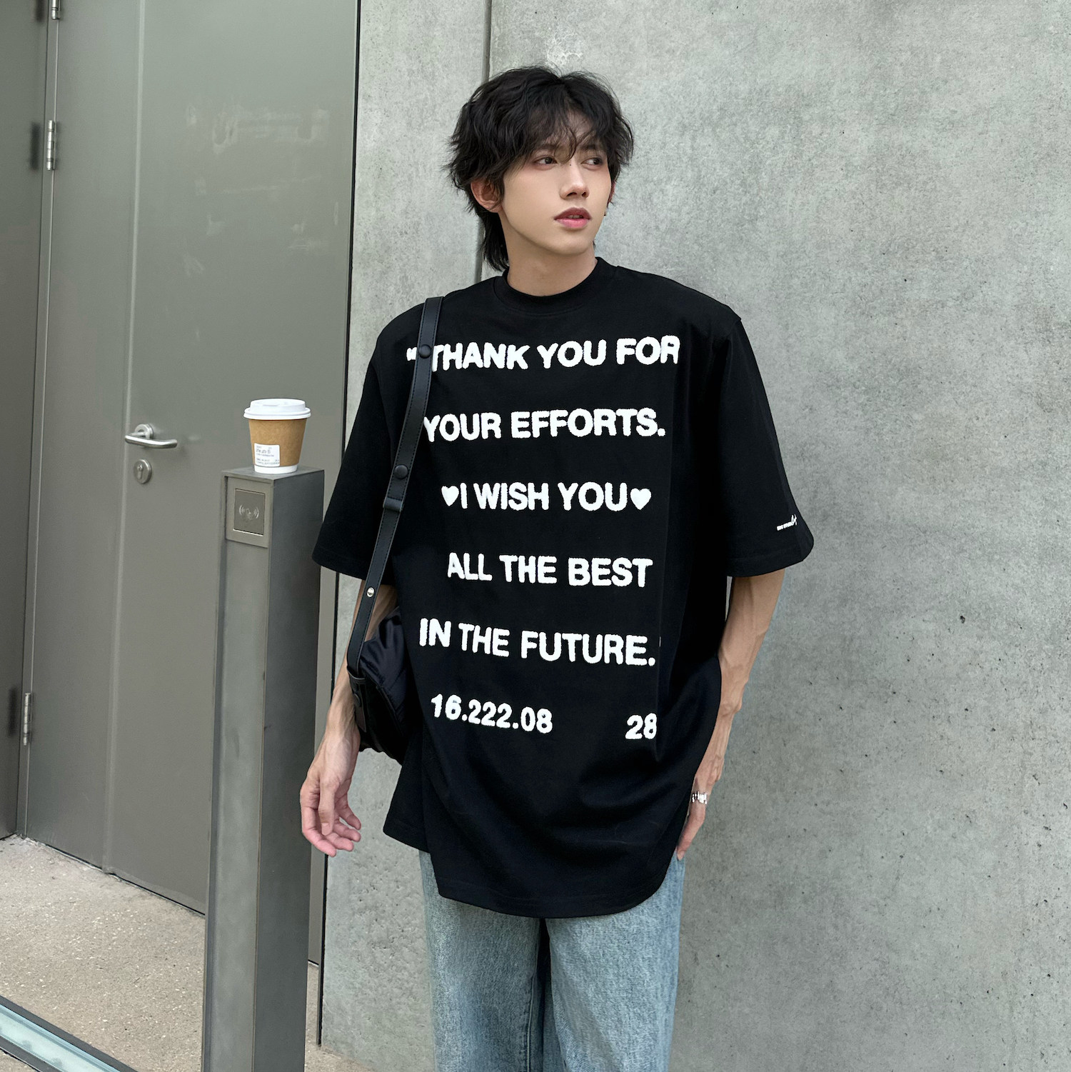 C316T2363P38夏装新款垫肩短袖T恤上衣tee纯棉港风休闲黑色,男装T恤,电商C316