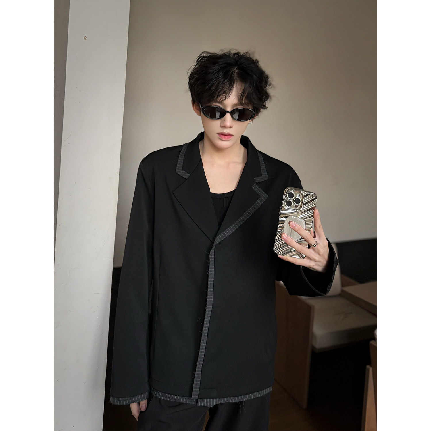 C316XZ8022P98春装新款拼接撞色西服时尚百搭黑色短款外套,男装西服,电商C316
