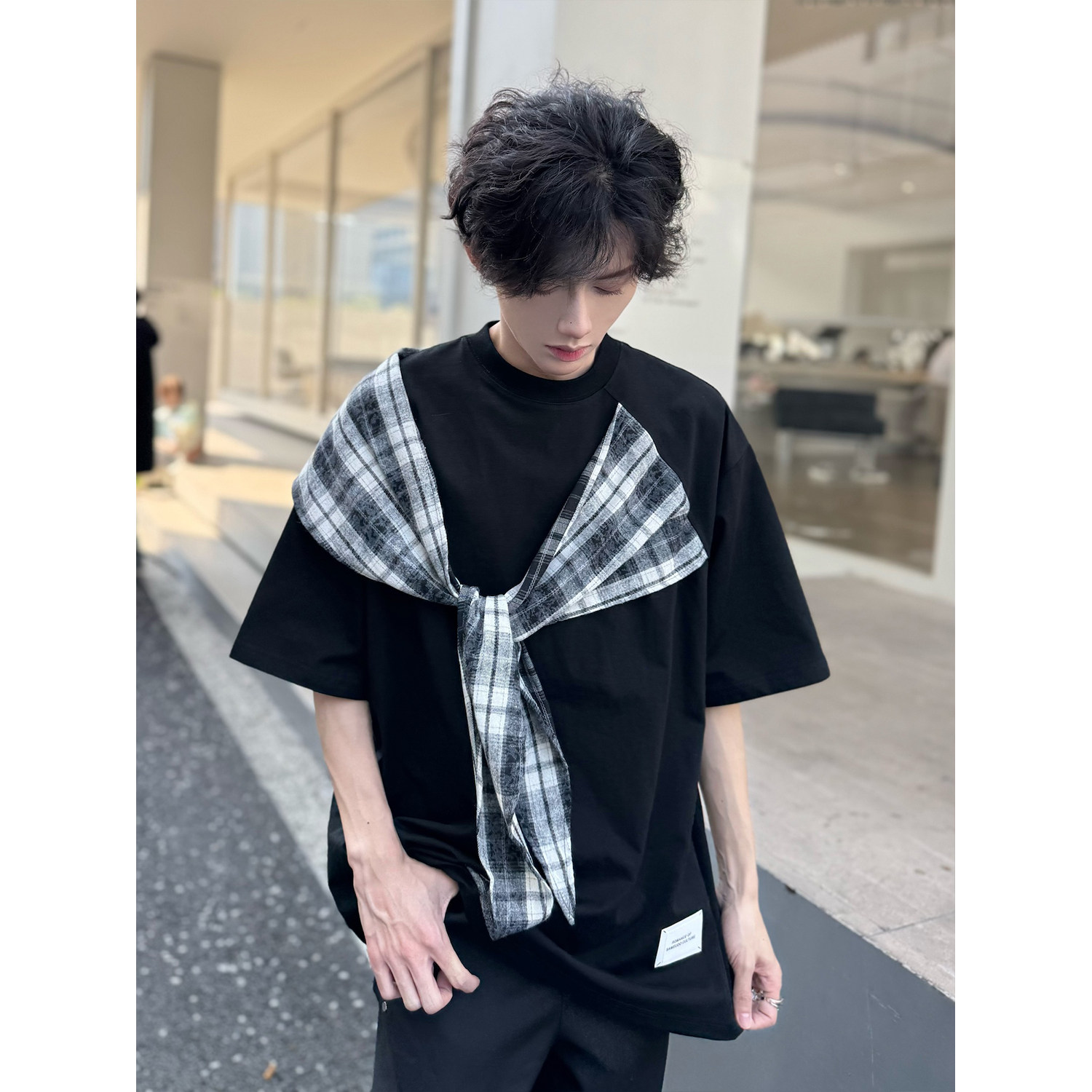 C316TH311P48夏装新款格子拼接撞色短袖T恤宽松假两件个性,男装T恤,电商C316