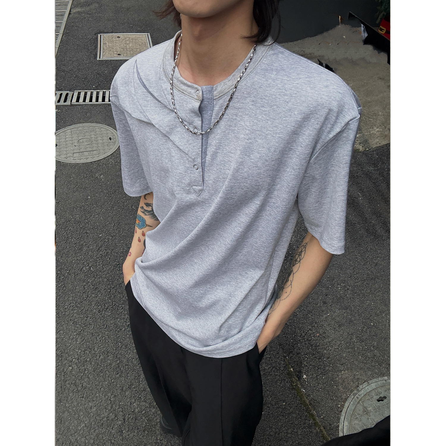 C316T06P48夏装新款不规则亨利领T恤时尚拼接个性tee男装短袖，男装T恤，电商C316