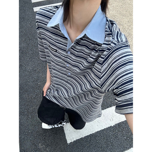 C316T8146P48夏装新款条纹短袖polo衫时尚T恤撞色学院miu感