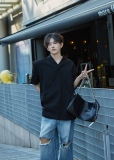 c夏装新款短袖T恤时尚百搭宽松tee潮个性V领t黑色，男装T恤，电商C316