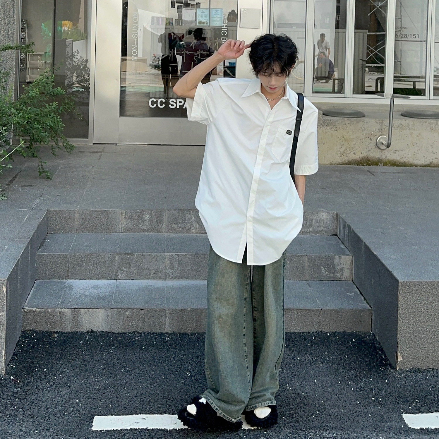 C316CS2399P5850棉50涤夏装新款衬衫潮流宽松半袖网红风衬衣,男装T恤,电商C316