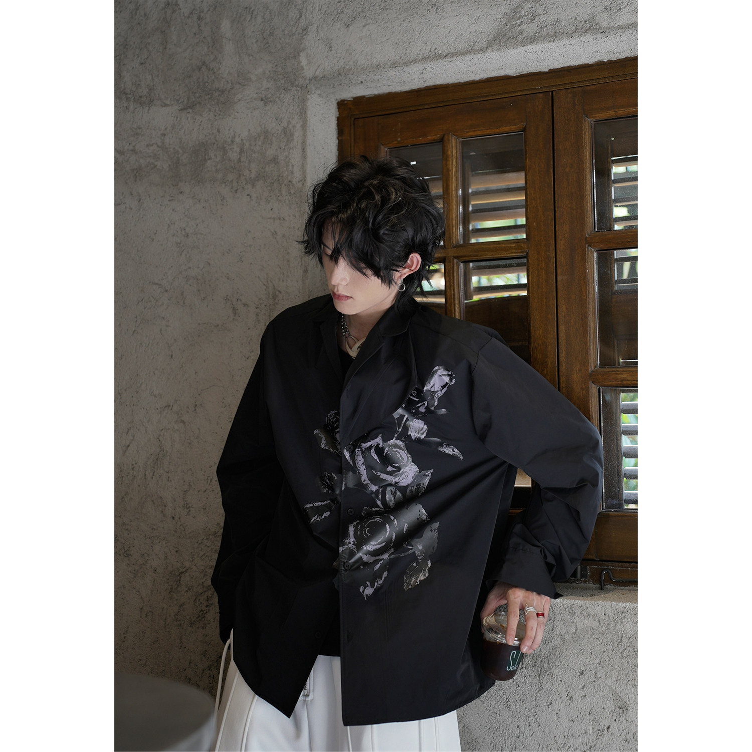 C316LFCS001P68秋装新款百搭长袖衬衫玫瑰花个性衬衣黑色时尚，男装衬衫，电商C316