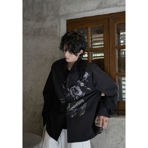 C316 LFCS001 P68 秋装新款百搭长袖衬衫玫瑰花个性衬衣黑色时尚，男装衬衫，电商C316