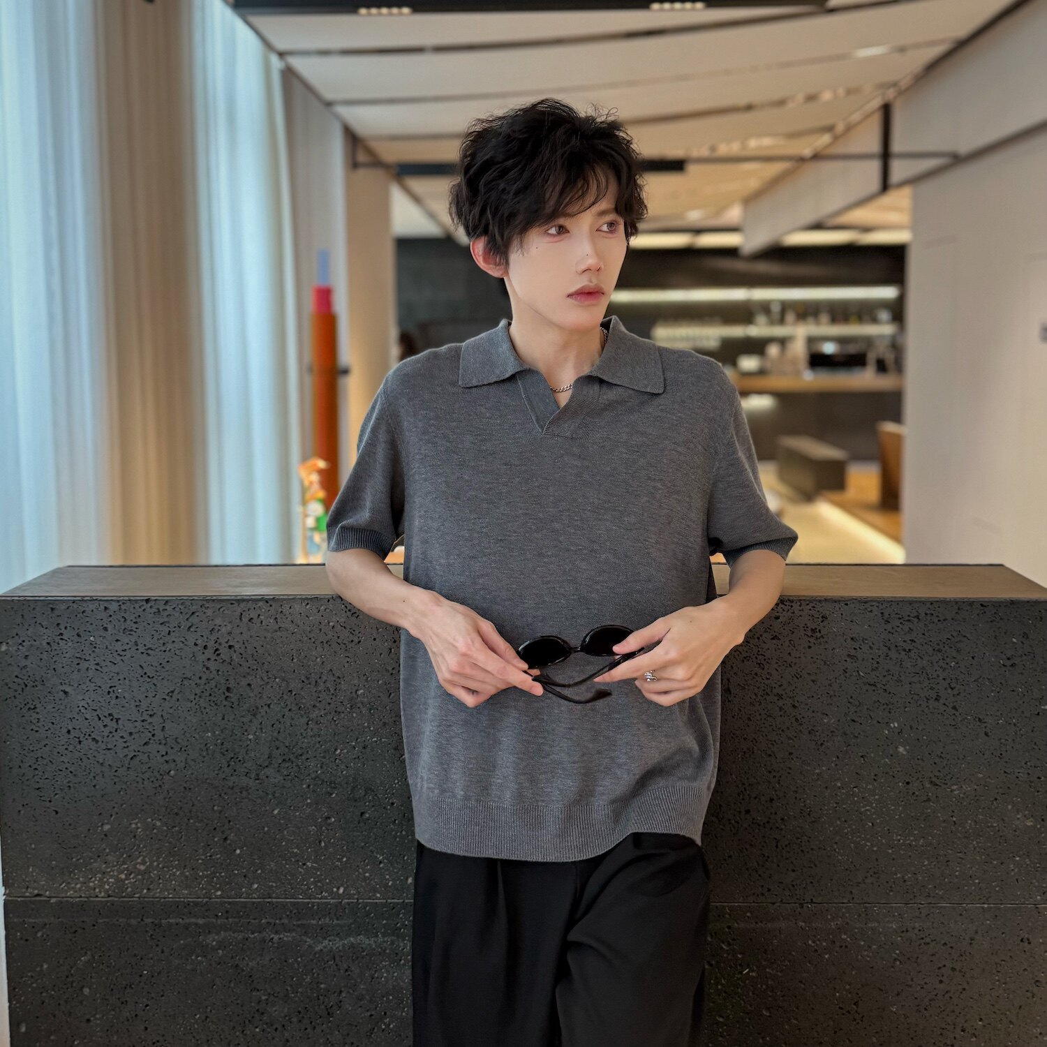 C316T8040P58夏装新款短袖T恤针织短袖polo衫时尚个性深灰色,男装T恤,电商C316