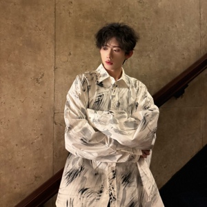 C316 CS873 P98118 春夏新款长袖衬衫喷漆工艺个性衬衣宽松,男装衬衫,电商C316