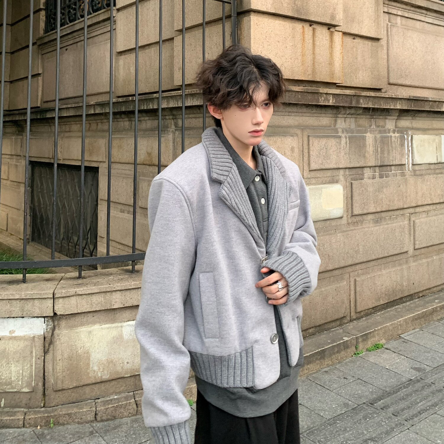 C316WT1253P148秋冬新款毛呢针织拼接短款松弛感外套毛呢大衣,男装毛呢大衣,电商C316