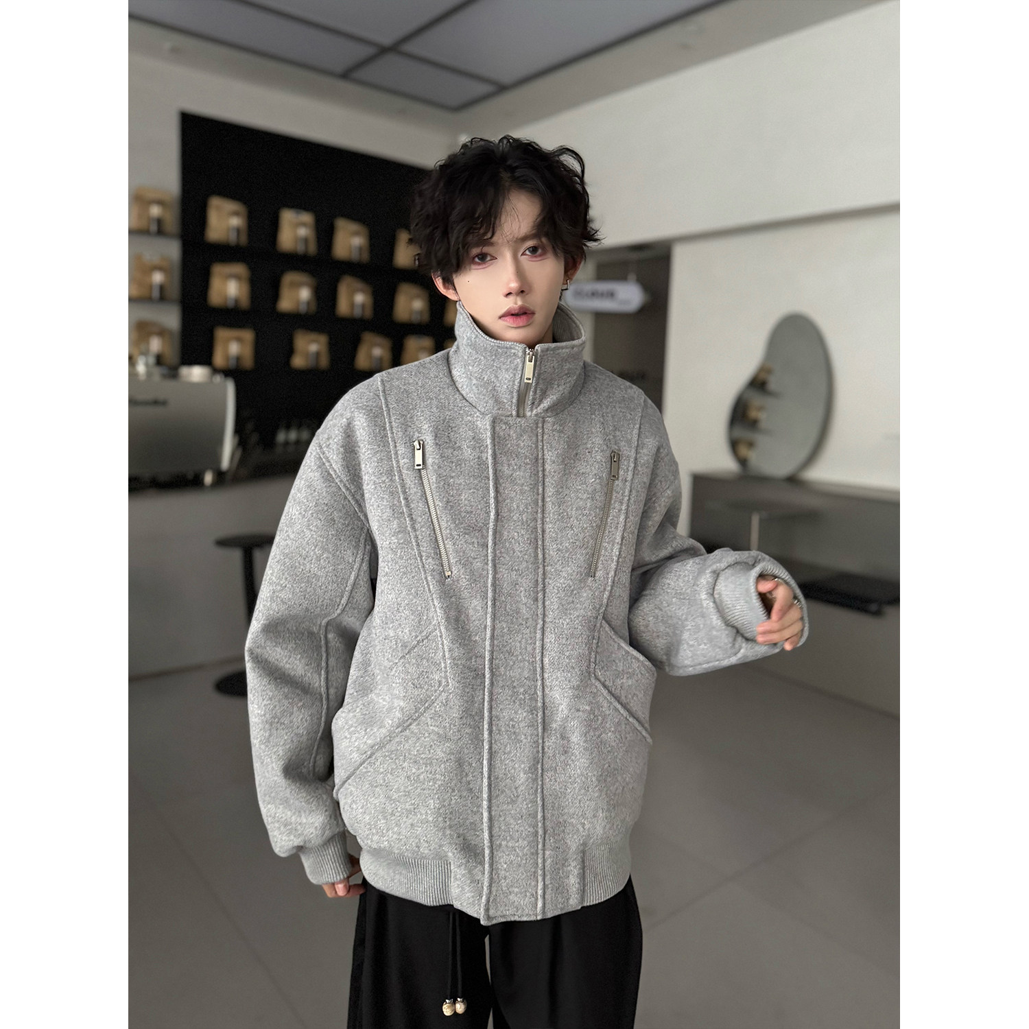 C316WT1056P128冬装新款加棉短款外套时尚呢子内里加厚棉衣灰,男装棉衣,电商C316