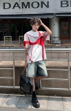 C316T1153P58春夏新款短袖T恤时尚拼接撞色红色个性设计tee，男装T恤，电商C316