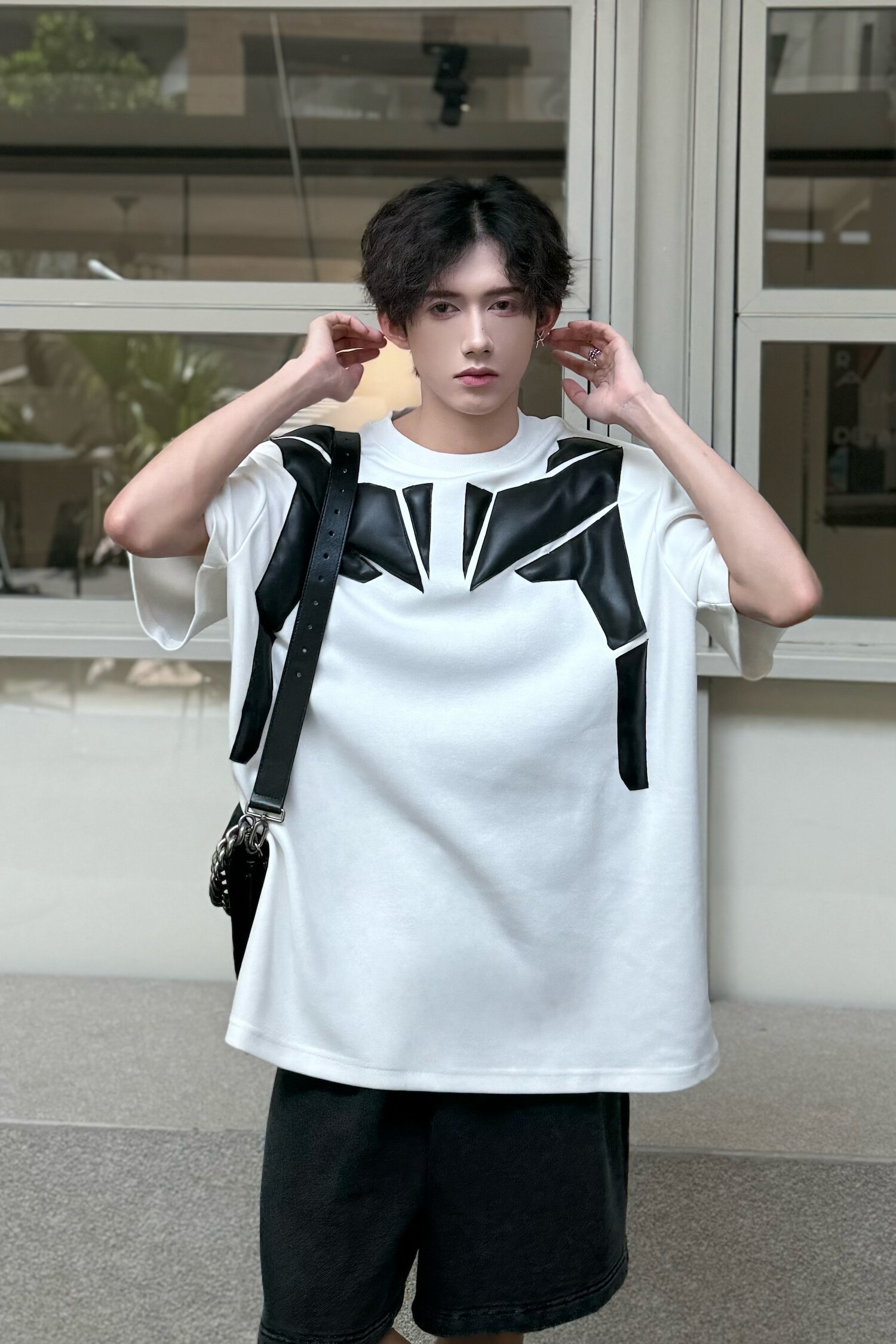 C316T1140P58夏装新款短袖T恤拼皮撞色个性tee潮个性T恤衫情侣,男装T恤,电商C316