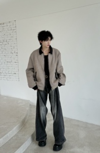 C316 JKXL001 P98特 秋装新款短款外套夹克衫格子拼接松弛感男图片