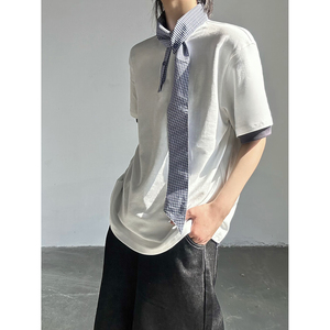 C316 T8136 P48 夏装新款时尚百搭短袖拼接白色蓝色衬衫领假两件图片