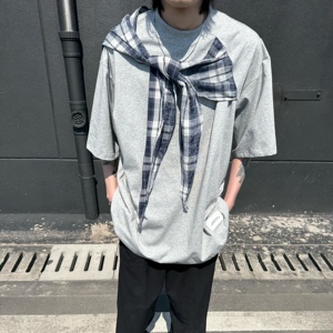 C316 TH311 P48 夏装新款格子拼接撞色短袖T恤宽松假两件个性图片