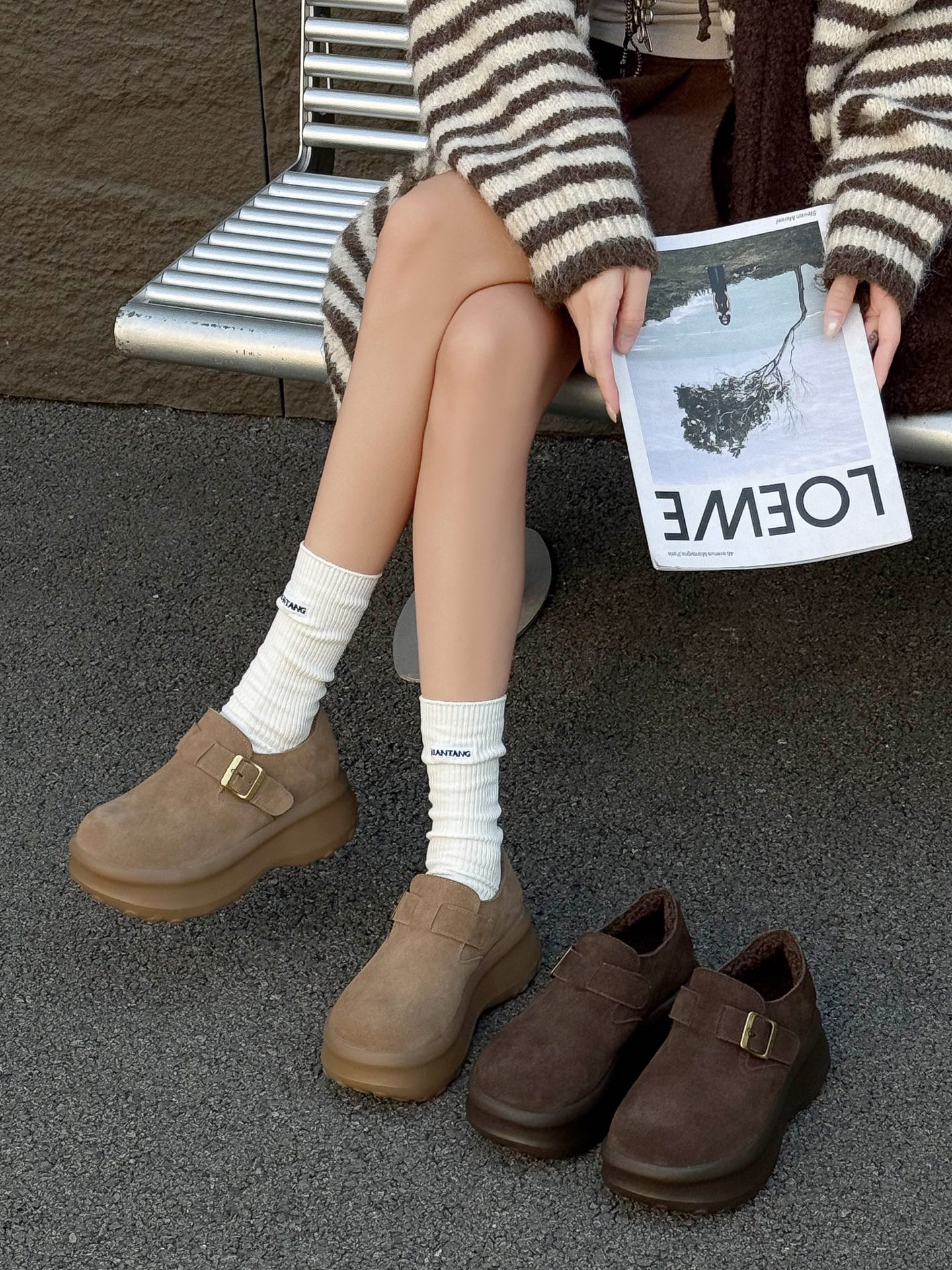 时尚厚底真皮加绒勃肯鞋女2025冬款韩版百搭增高运动鞋休闲鞋棉鞋