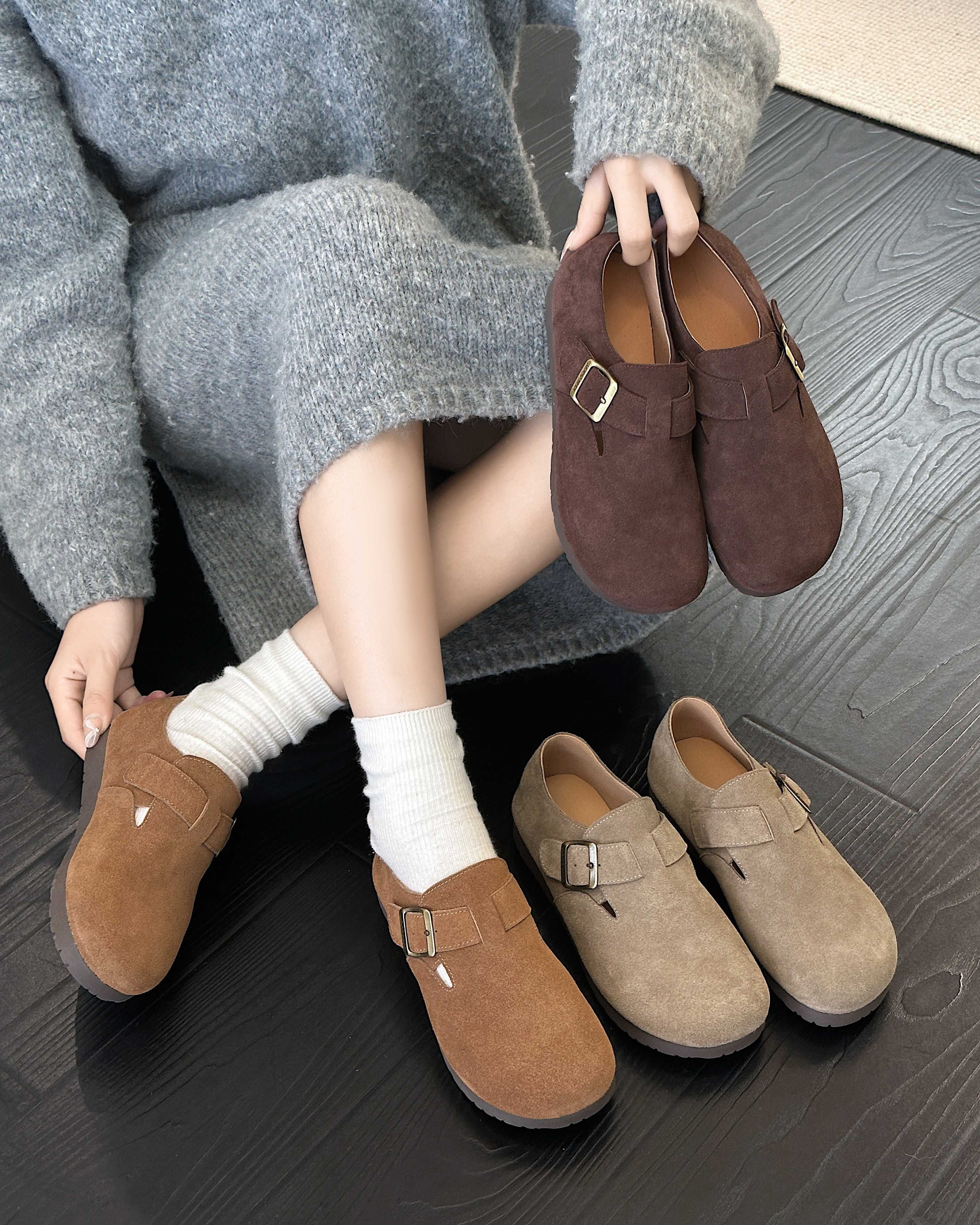 时尚厚底真皮勃肯鞋女2025秋季新款韩版百搭圆头磨砂皮休闲鞋单鞋