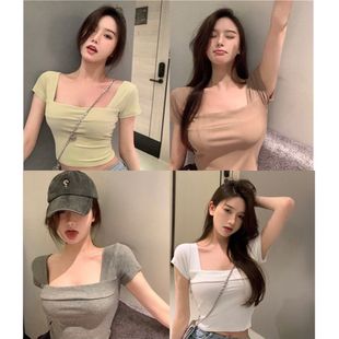上衣潮设计感简约百搭T恤女 2025夏季 新款 气质时尚 方领露锁骨短袖
