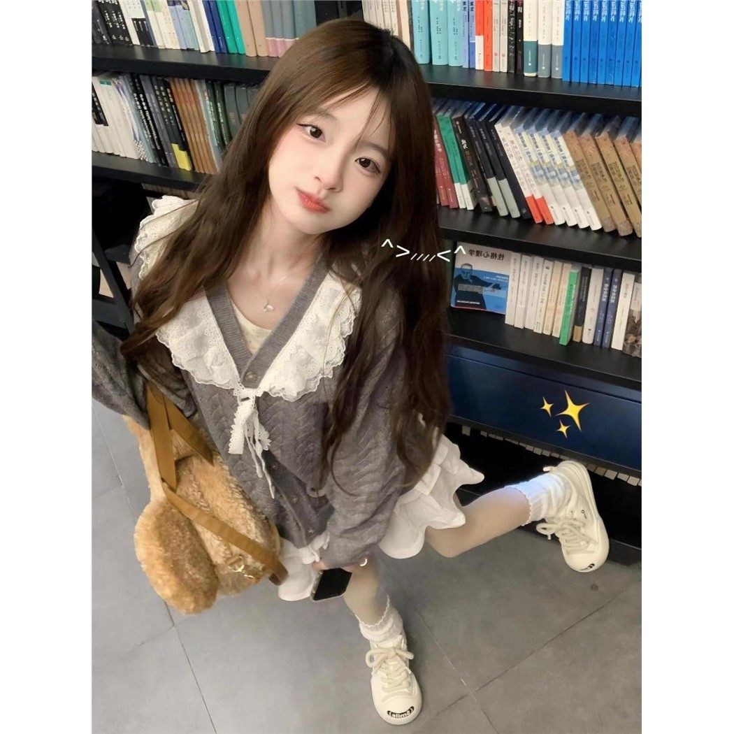 灰色v领蕾丝蝴蝶结针织开衫女春秋娃娃领镂空毛衣外套学院风上衣,女装/女士精品,毛针织衫,淘宝优惠券,粉丝福利购,淘宝优惠卷