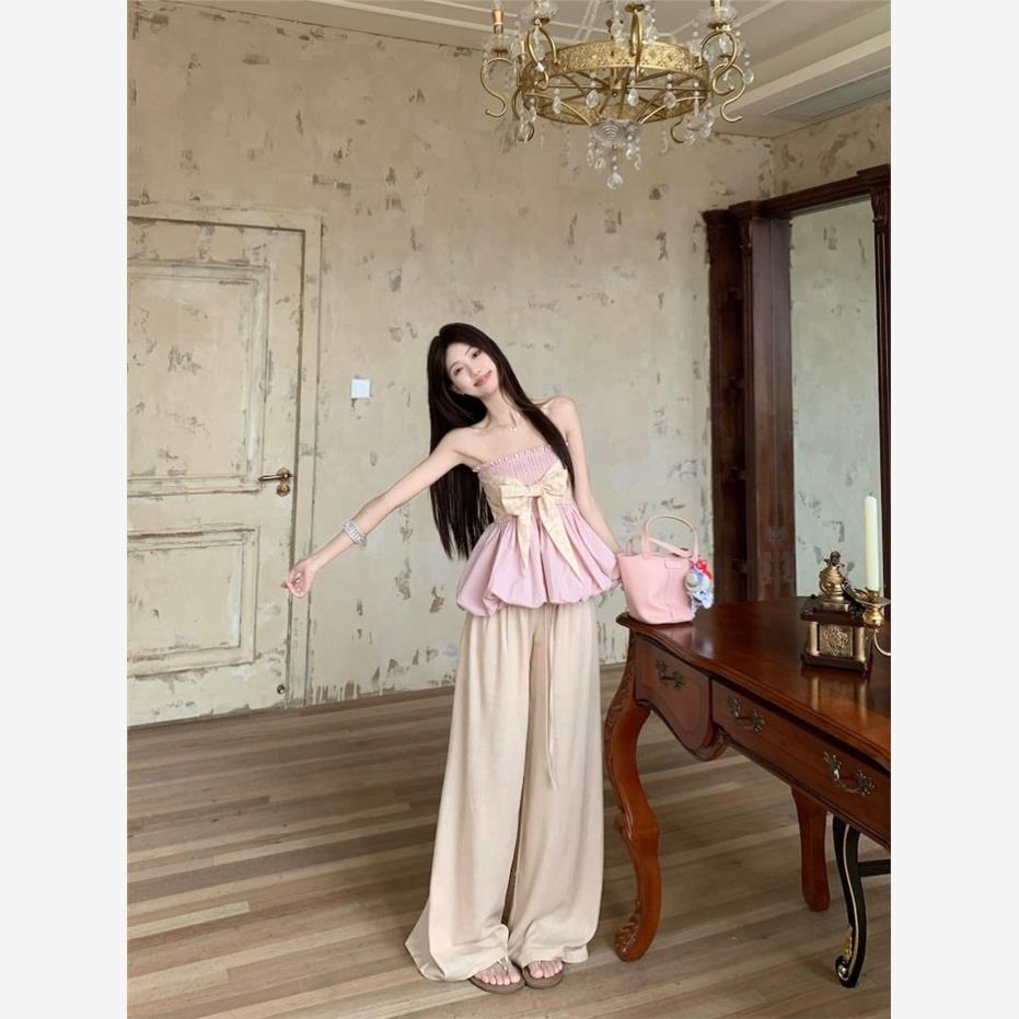甜美套装蝴蝶结褶皱抹胸背心女夏季时尚新款抽绳高腰休闲裤两件套