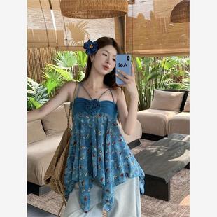 復(fù)古碎花不規(guī)則吊帶背心女裝 藍(lán)色立體花朵設(shè)計(jì)感小眾上衣外穿 夏季