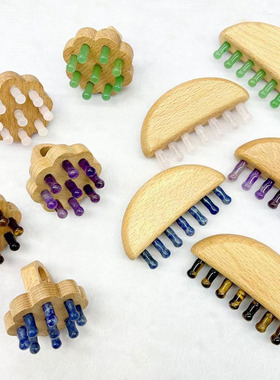 天然水晶玉石按摩梳九齿莲花经络按摩梳木头梳子头疗穴位疏通刮痧