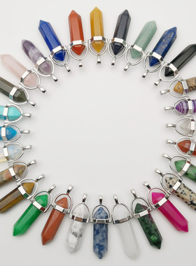 天然石紫水晶粉晶六角柱挂坠项链