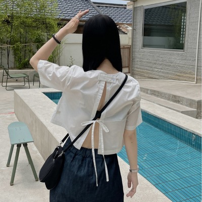 韩版ins夏日法式圆领后背绑带蝴蝶结纯色套头短袖衬衫上衣女