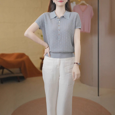 夏季Polo领纯色镂空针织衫2025新款宽松百搭气质上衣女装秋季舒适