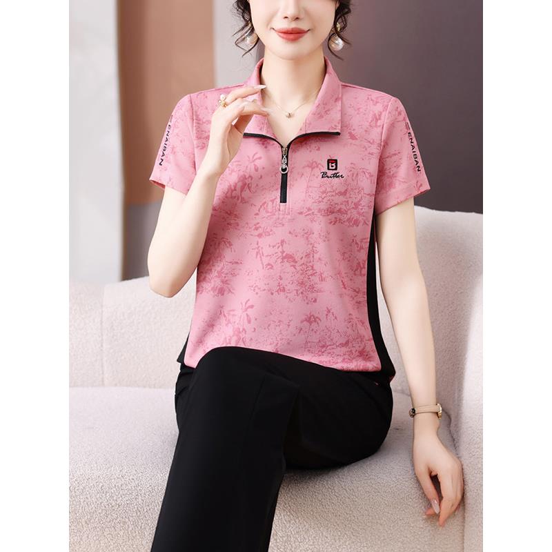 运动服套装女夏季2026新款洋气质妈妈花色短袖长裤减龄显瘦两件套