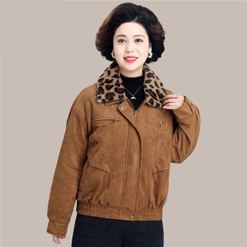 复古豹纹翻领中老年妈妈麂皮绒短外套女2026秋季新款宽松休闲夹克