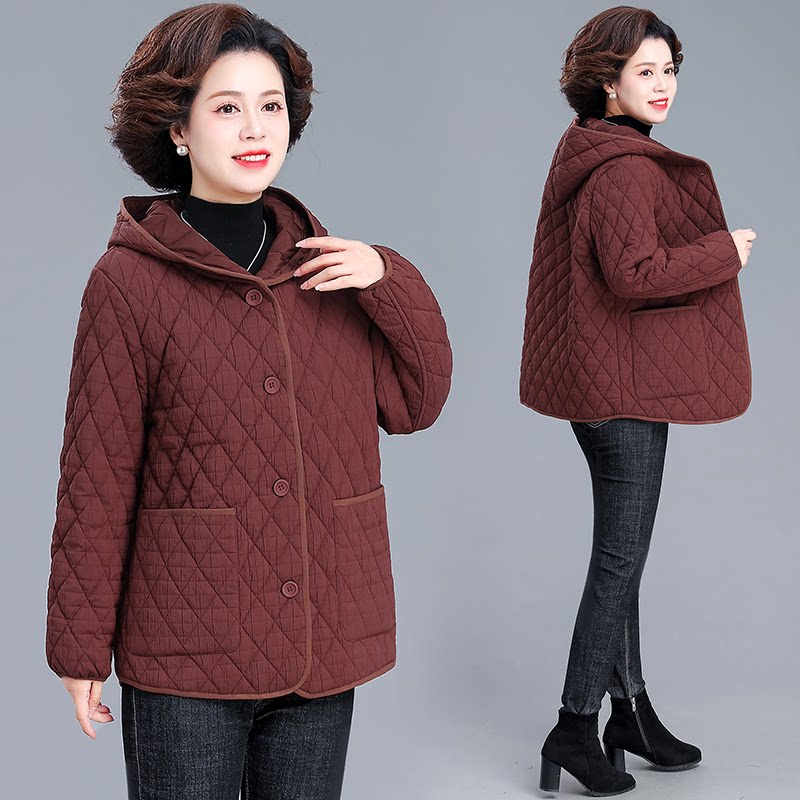 妈妈秋冬轻薄羽绒棉服中年连帽夹棉外套中老年女冬装格子棉衣