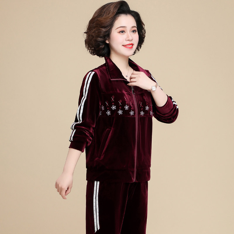 中年妈妈秋装外套洋气上衣中老年人金丝绒运动服套装女春秋两件套