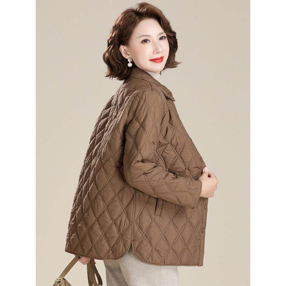 中老年女装春秋菱形格轻暖小棉袄妈妈装夹棉衬衫棉衣老人上衣时尚