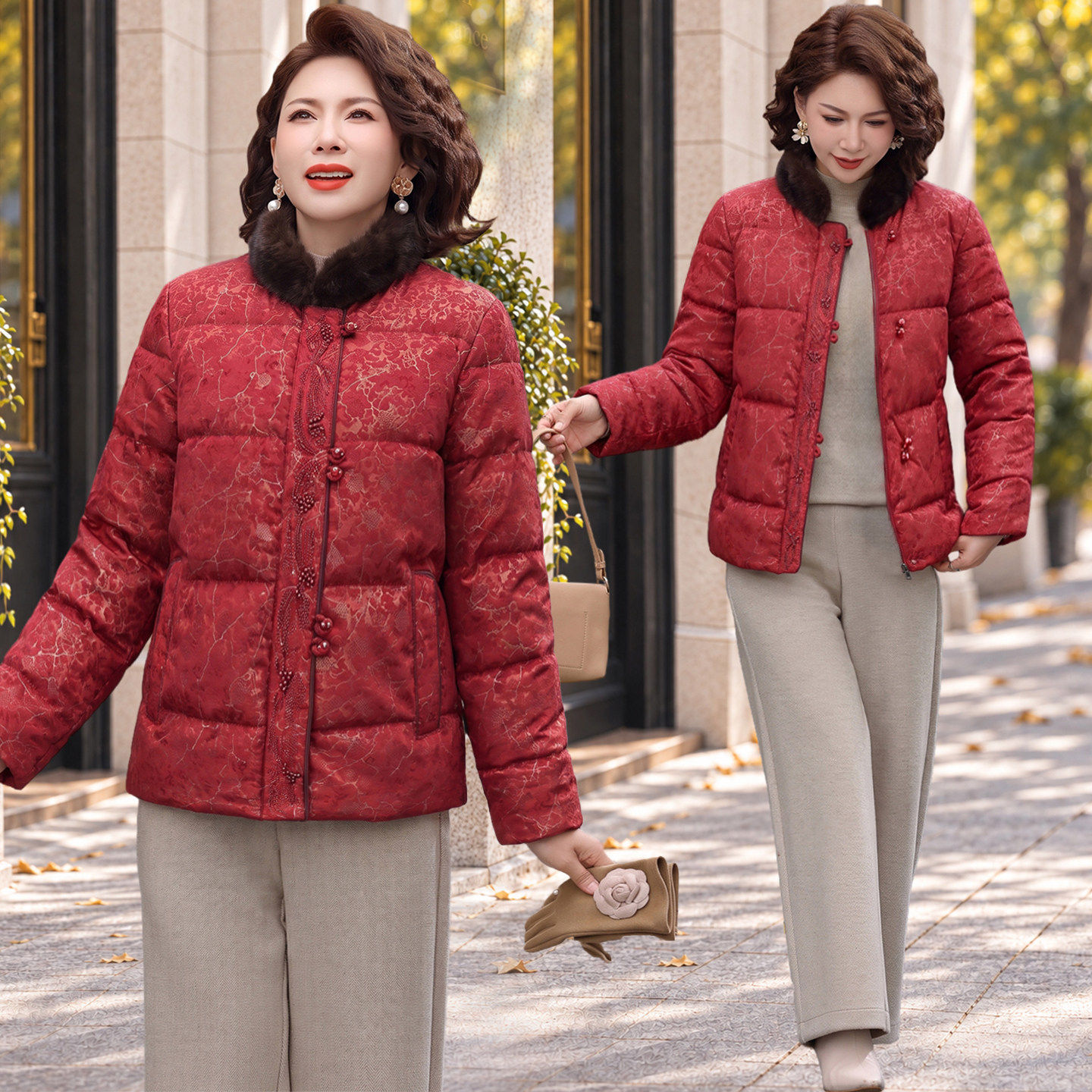 妈妈冬季短款时尚羽绒棉服女2026新款中老年立领时尚加厚保暖外套