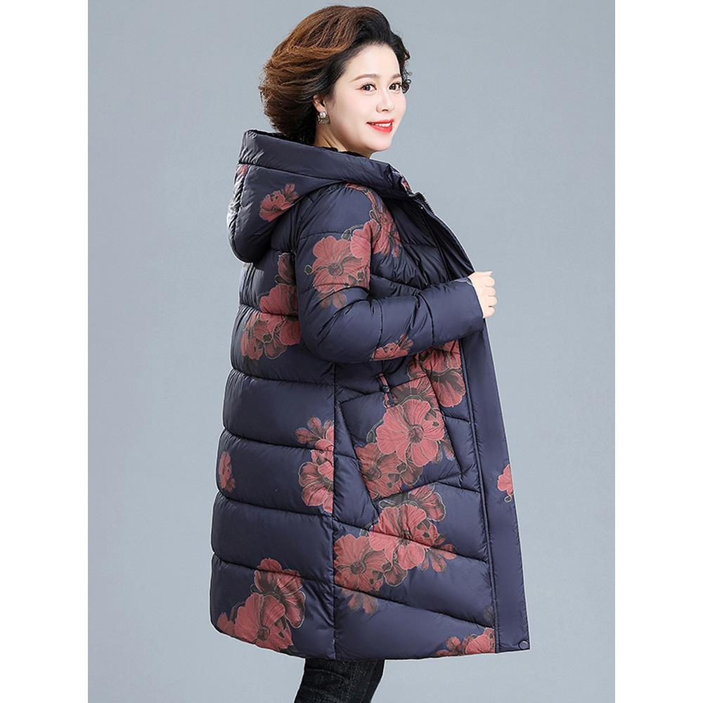 洋气妈妈冬装羽绒棉服新款中老年女花色连帽外套中年棉衣宽松