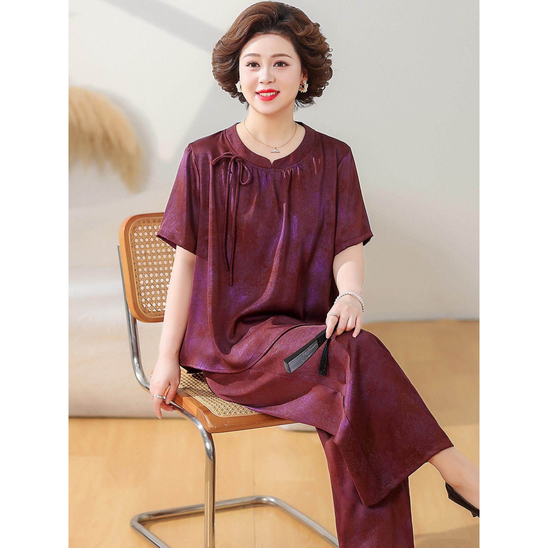 中年妈妈夏装套装加肥加大码中老年女装端庄大气胖妈妈夏季两件套