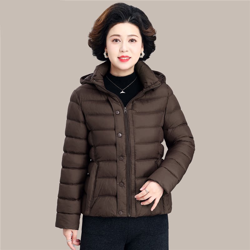 妈妈冬装连帽短款排骨羽绒棉袄外套女中老年洋气宽松保暖棉衣棉服
