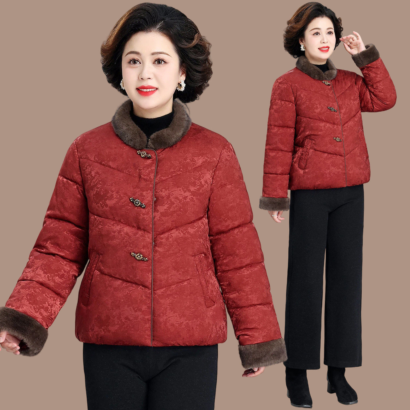 50岁妈妈冬季国风棉服上衣2026新款中老年女装冬装红色棉袄显气质