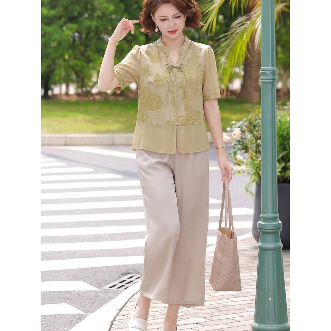 母亲节礼物送妈妈夏装套装中年花色上衣服中老年女时尚夏季两件套