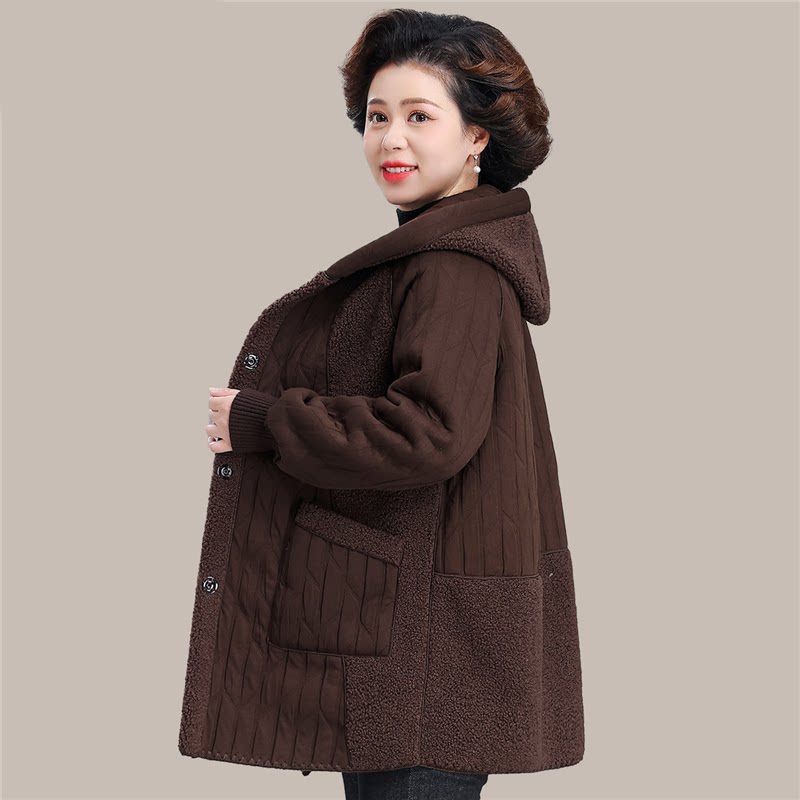 妈妈冬装外套加绒加厚颗粒绒双面可穿中长款大衣中老年女秋冬棉衣