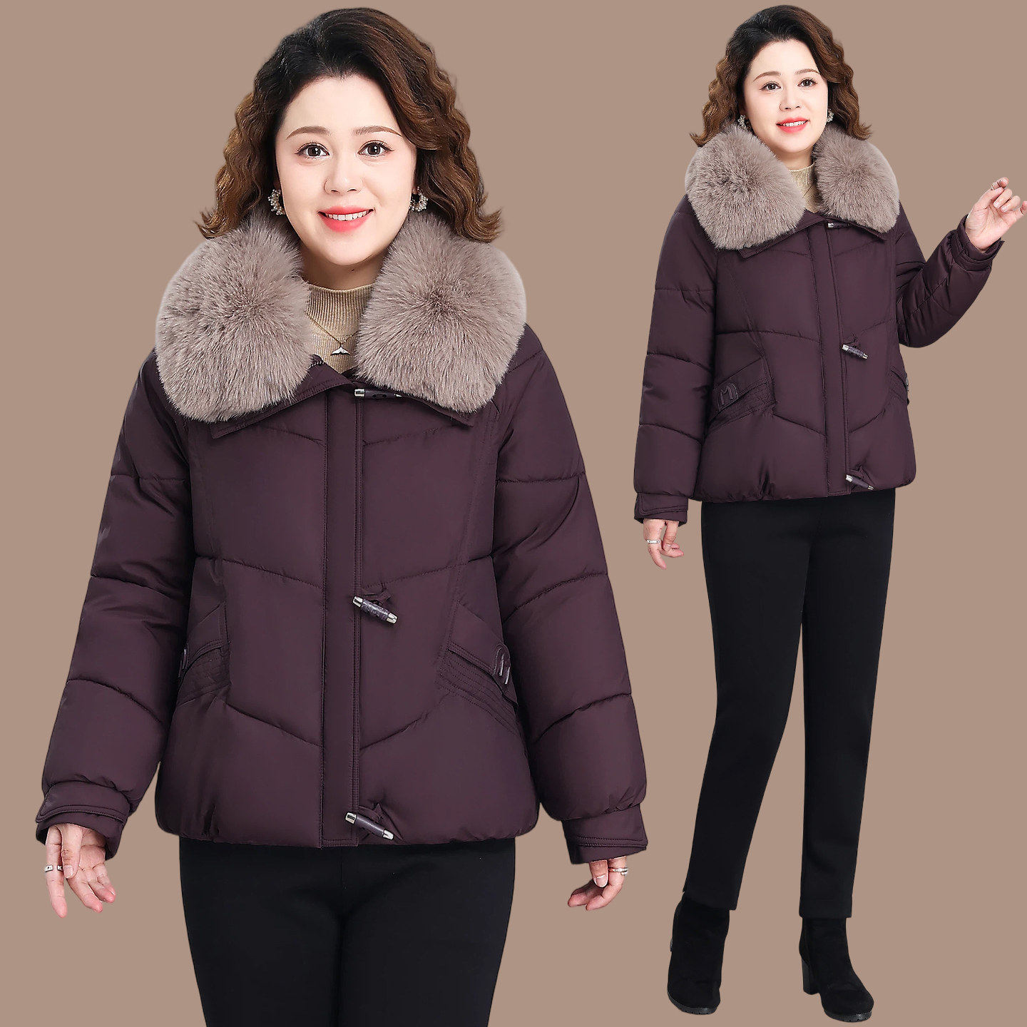 大毛领短款棉服女加厚保暖牛角扣毛领棉袄冬季外套小个子面包服女