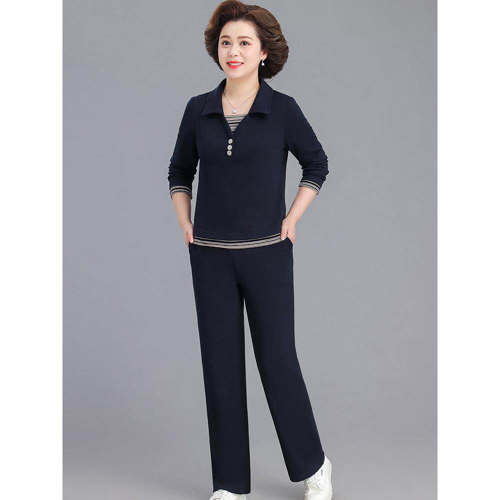 中老年女装翻领上衣直筒裤两件套女2026春季新款时尚休闲运动套装