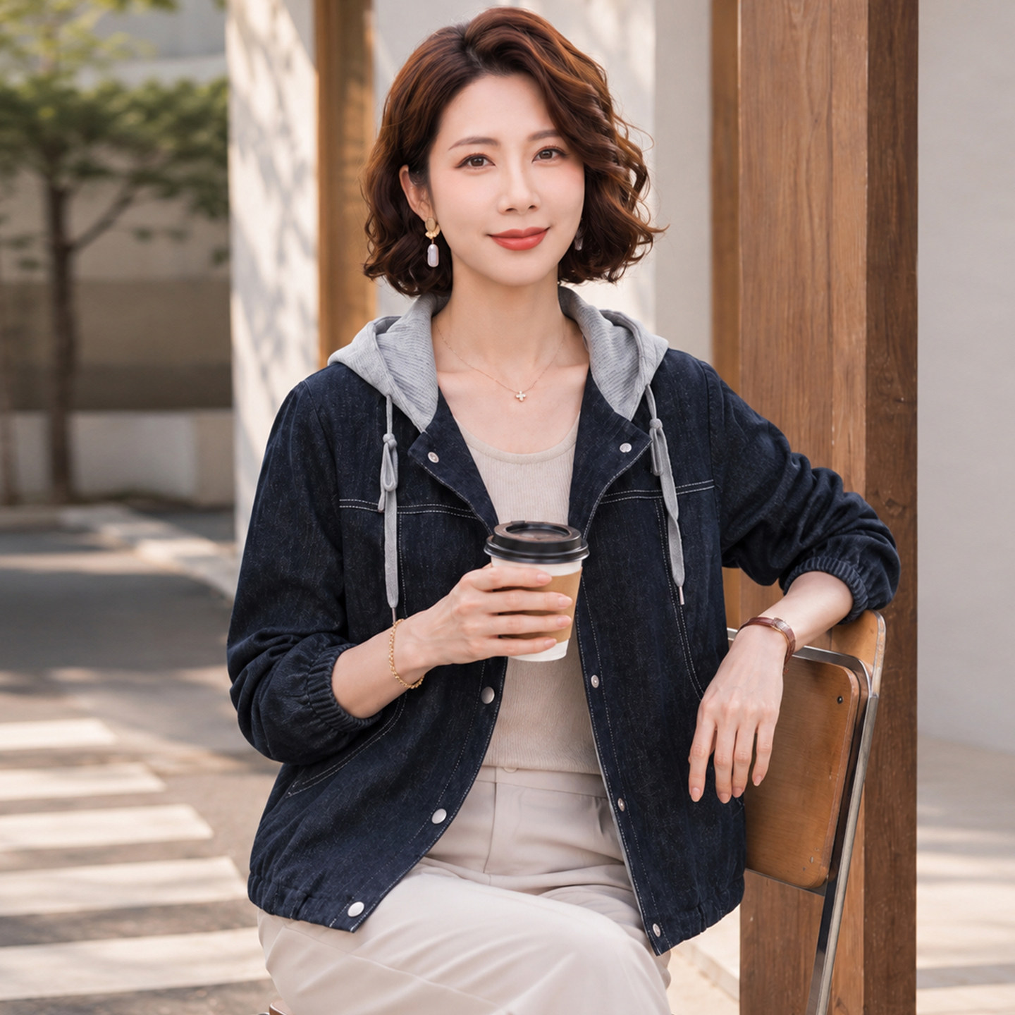 妈妈装秋季时尚连帽牛仔外套中老年女装洋气减龄宽松百搭夹克上衣