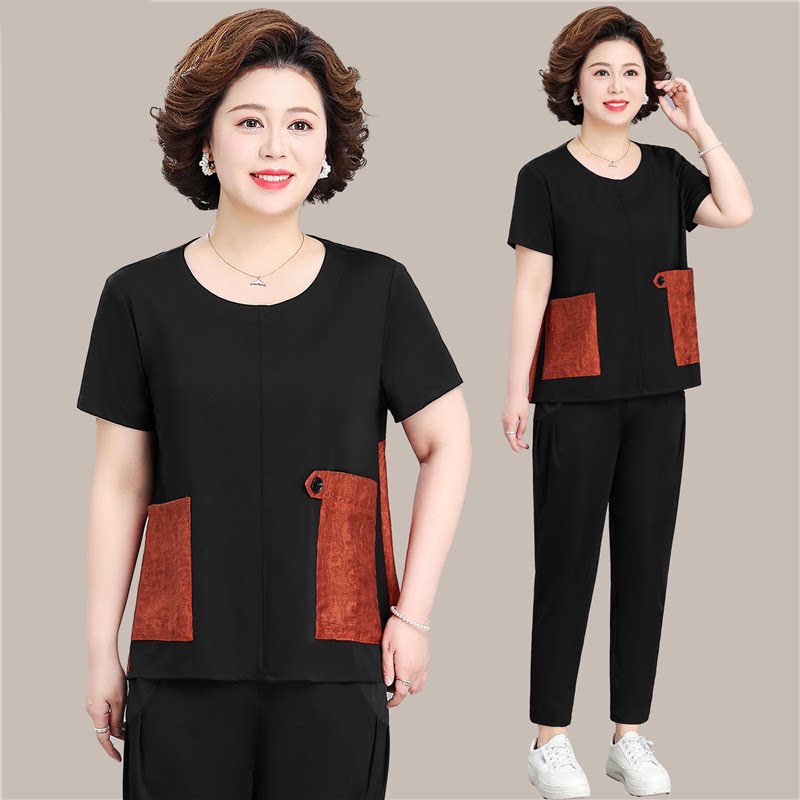 中年妈妈夏装运动服套装新款中老年人女短袖上衣两件套加肥加大码