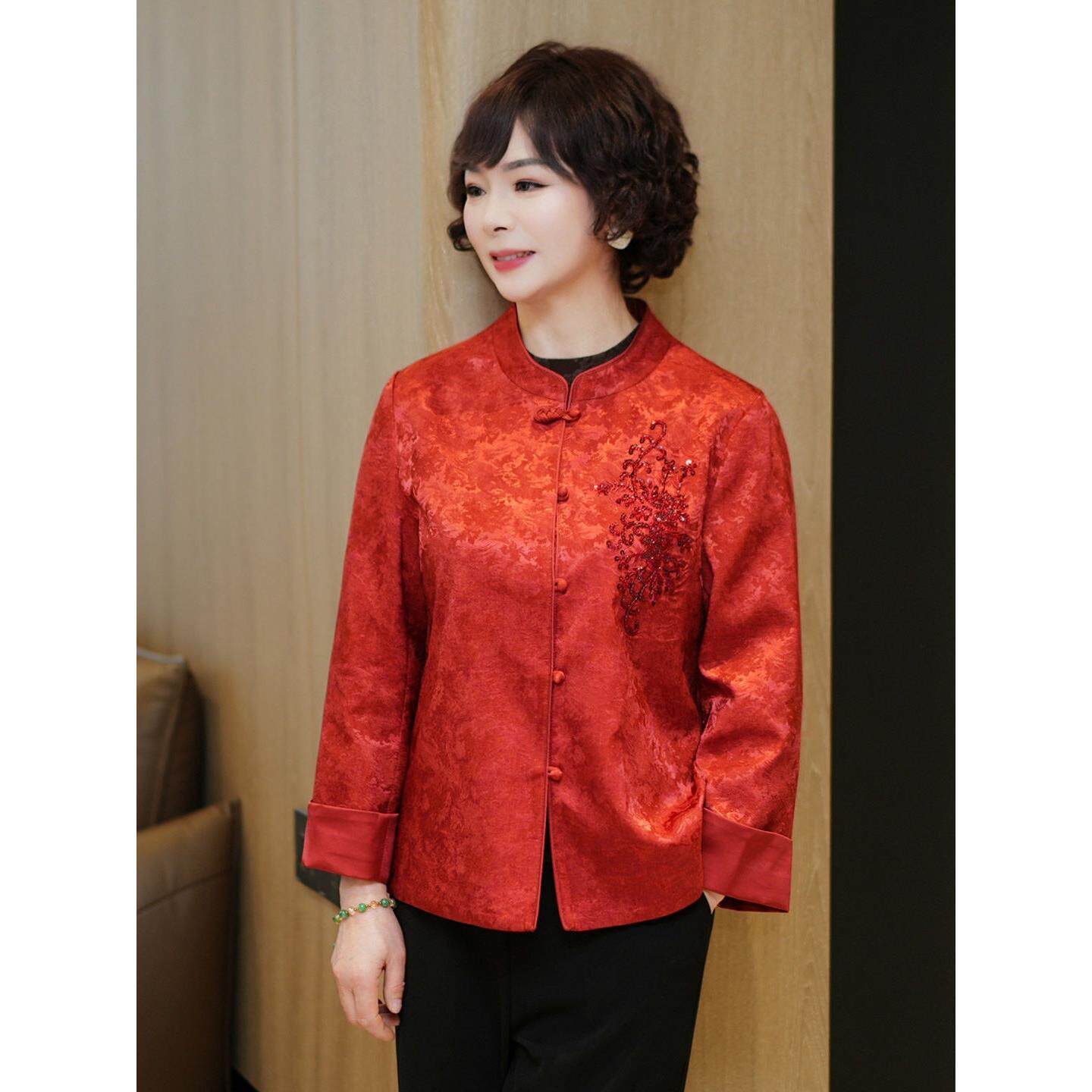 中年妈妈新中式外套短款2026新款中老年女装喜婆婆婚宴装红色上衣