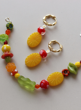 桃之taozhi原创橘子小熊派对童趣可爱白色缤纷多巴胺耳环手链套装