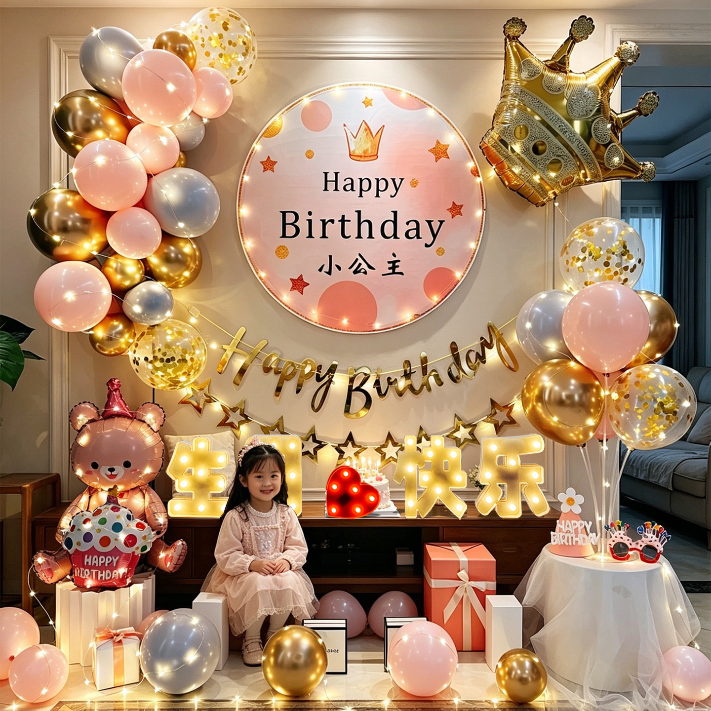 女孩10岁生日快乐仪式感派对周岁场景布置装饰气球背景海报定制十