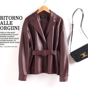 2025秋冬新款 系带绵羊皮夹克宽松显瘦西服外套 海宁真皮皮衣女短款