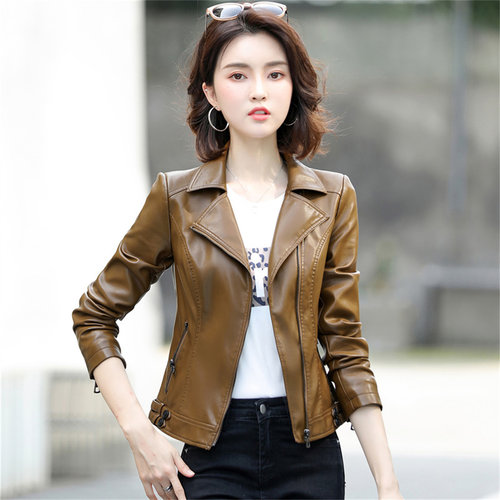 海宁真皮皮衣女修身短款皮夹克