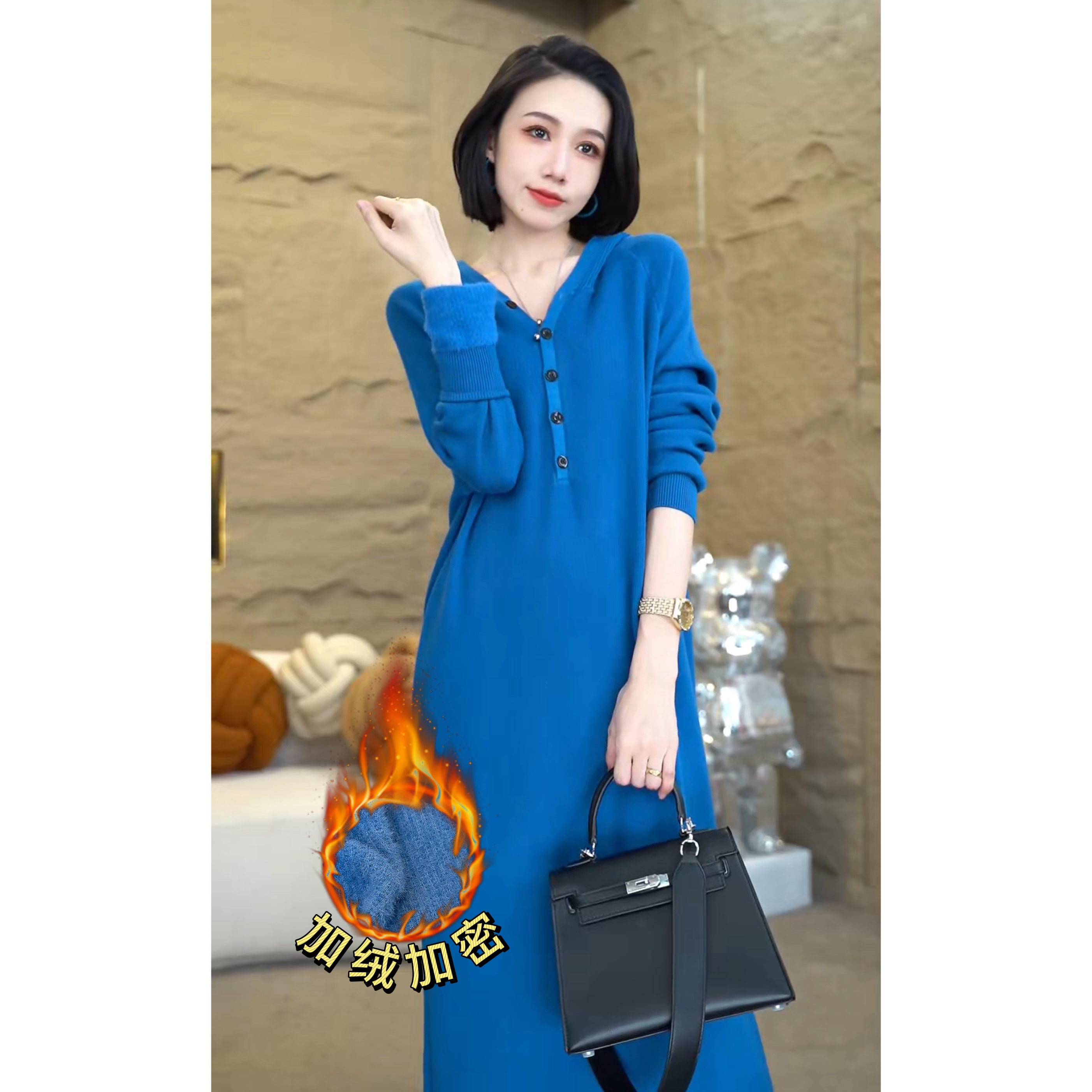 加绒连帽连衣裙宽松显瘦慵懒气质中长裙秋冬新款女装7016